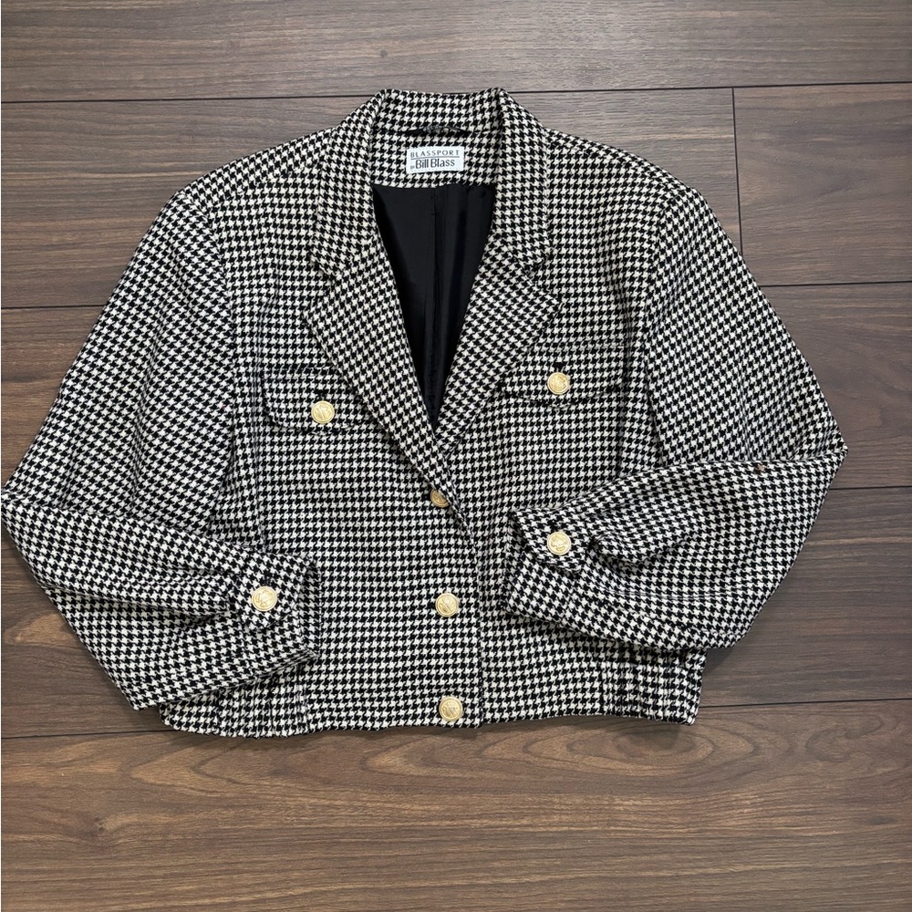 bill blass Black & White Houndstooth Cropped Blazer with Gold Buttons